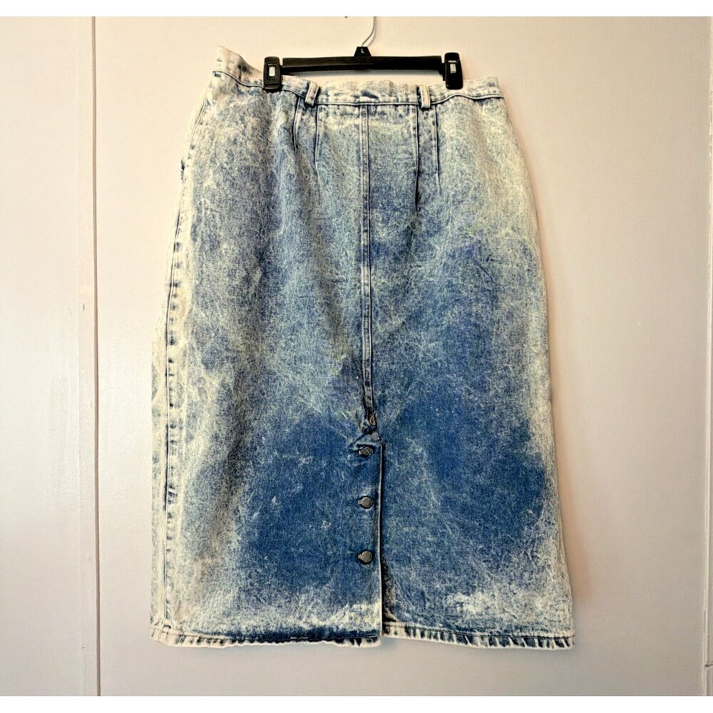 Vintage 80s Palmettos Acid Wash Denim Midi Skirt Pleated Button Back Slit L 16 - Picture 4 of 16